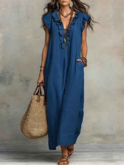 Izzellea - Robe Femme Longue Bohème Lin Coton Coupe Fluide Volants Élégants